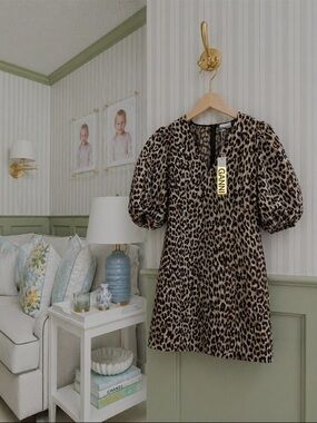 Ganni Leopard Print Mini Dress in Beige and Black